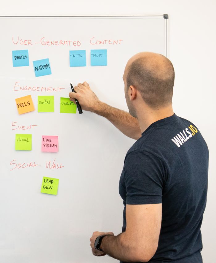 Un homme examine des stratégies de contenu marketing à l’aide de post-it sur un tableau blanc.
